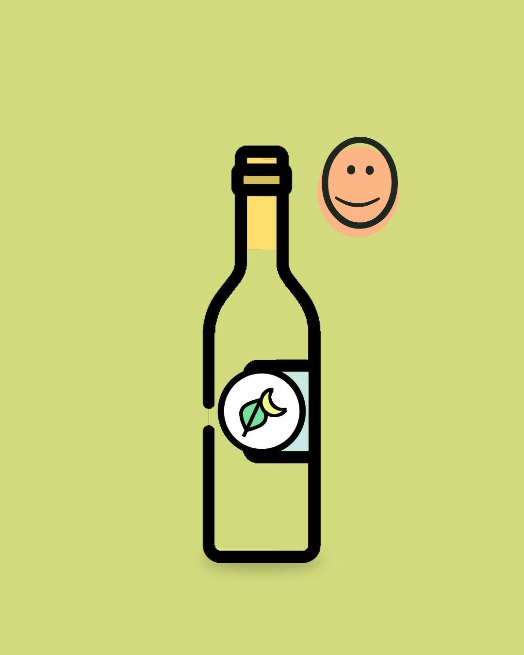 Gezeichnete Weinflasche mit Blatt und Mond als Symbol für biodynamischen Wein