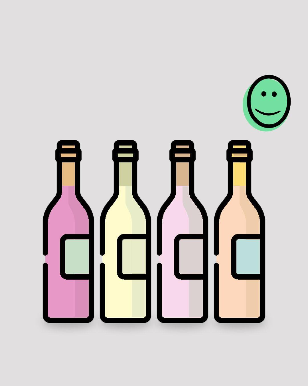 Four illustrated wine bottles in Free Grape Society's colours for red, white, rosé and orange wine